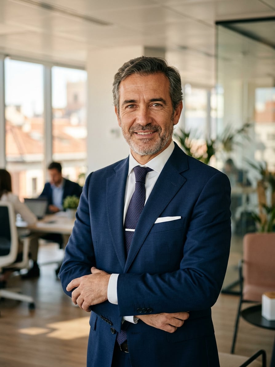 Retrato corporativo de un hombre de negocios español en un entorno de estudio profesional.