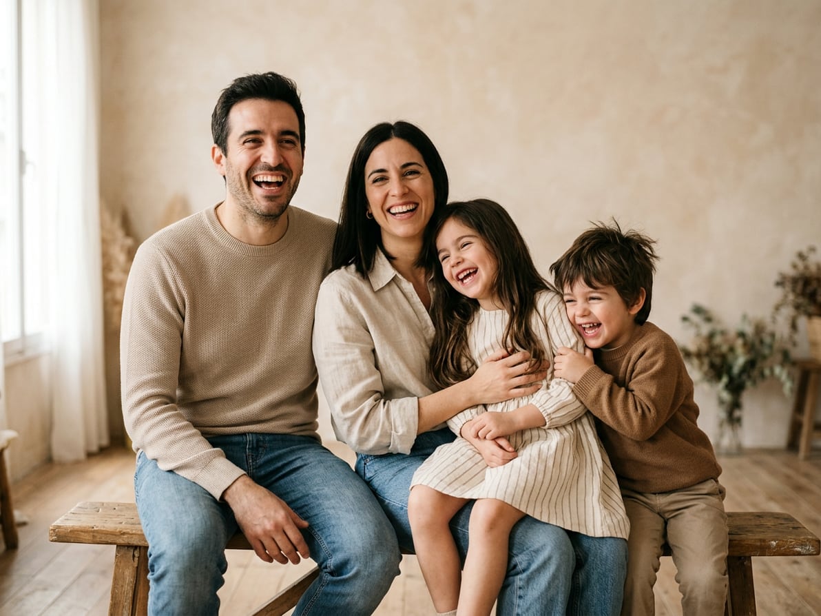 Familia española joven riendo durante una sesión de fotos en un estudio luminoso.