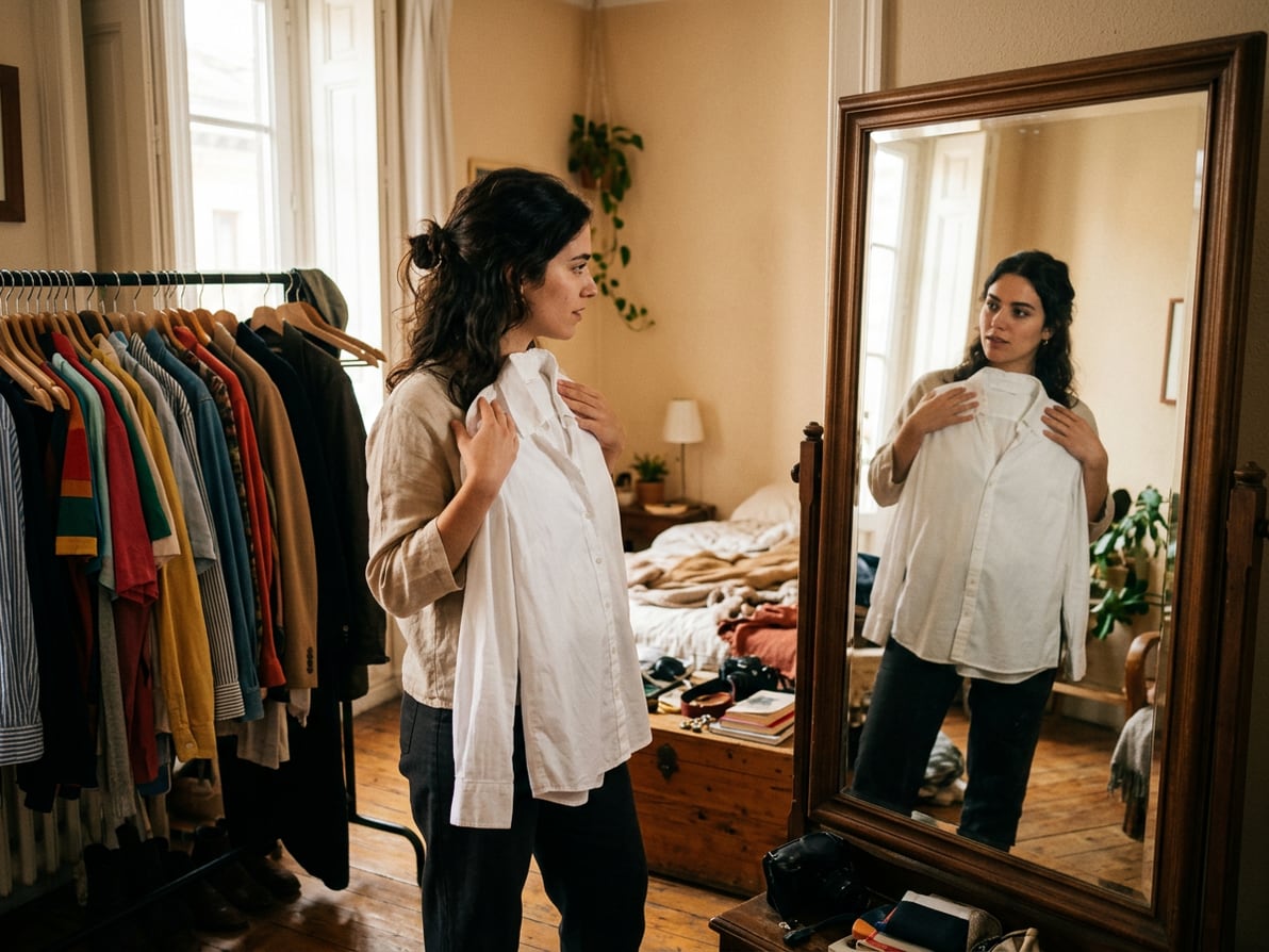 Persona eligiendo ropa frente al espejo para prepararse para una sesión de fotos.